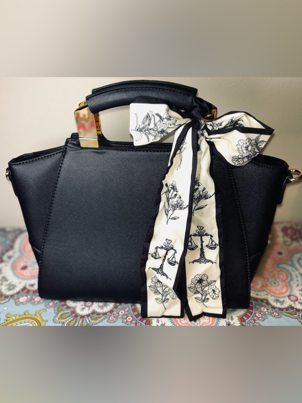 Black Structured Satchel Handbag Gold Hardware dark academia classic core item